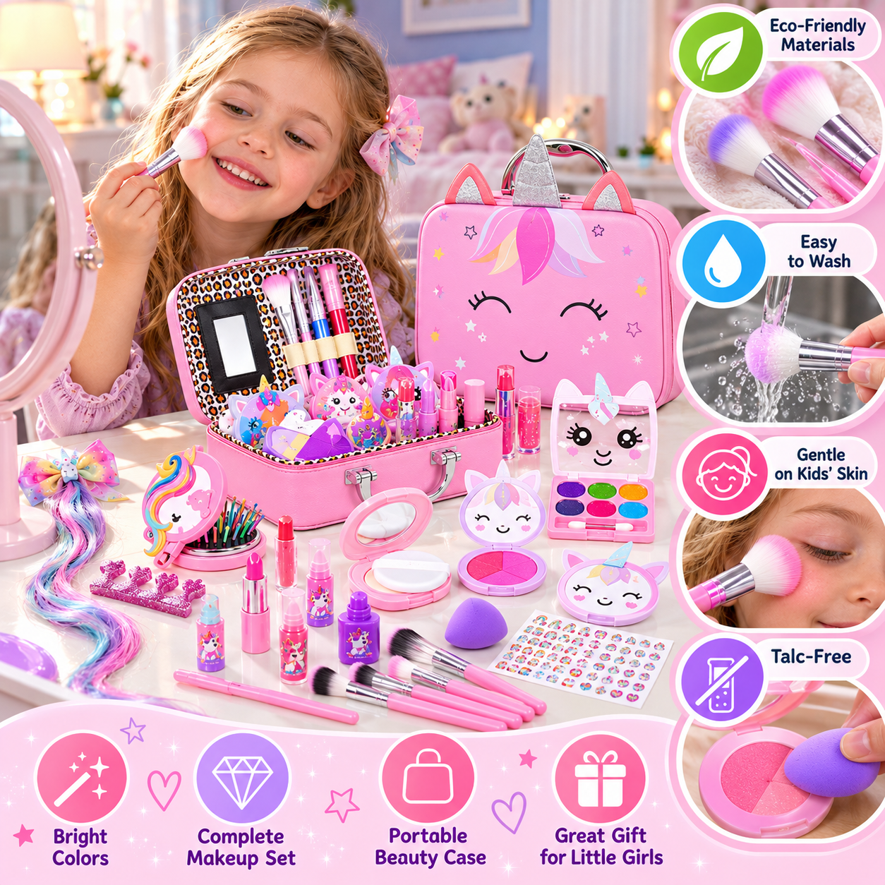 Kids’ Eco-Friendly & Easy-to-Wash Princess Makeup Kit with Cosmetic Bag
