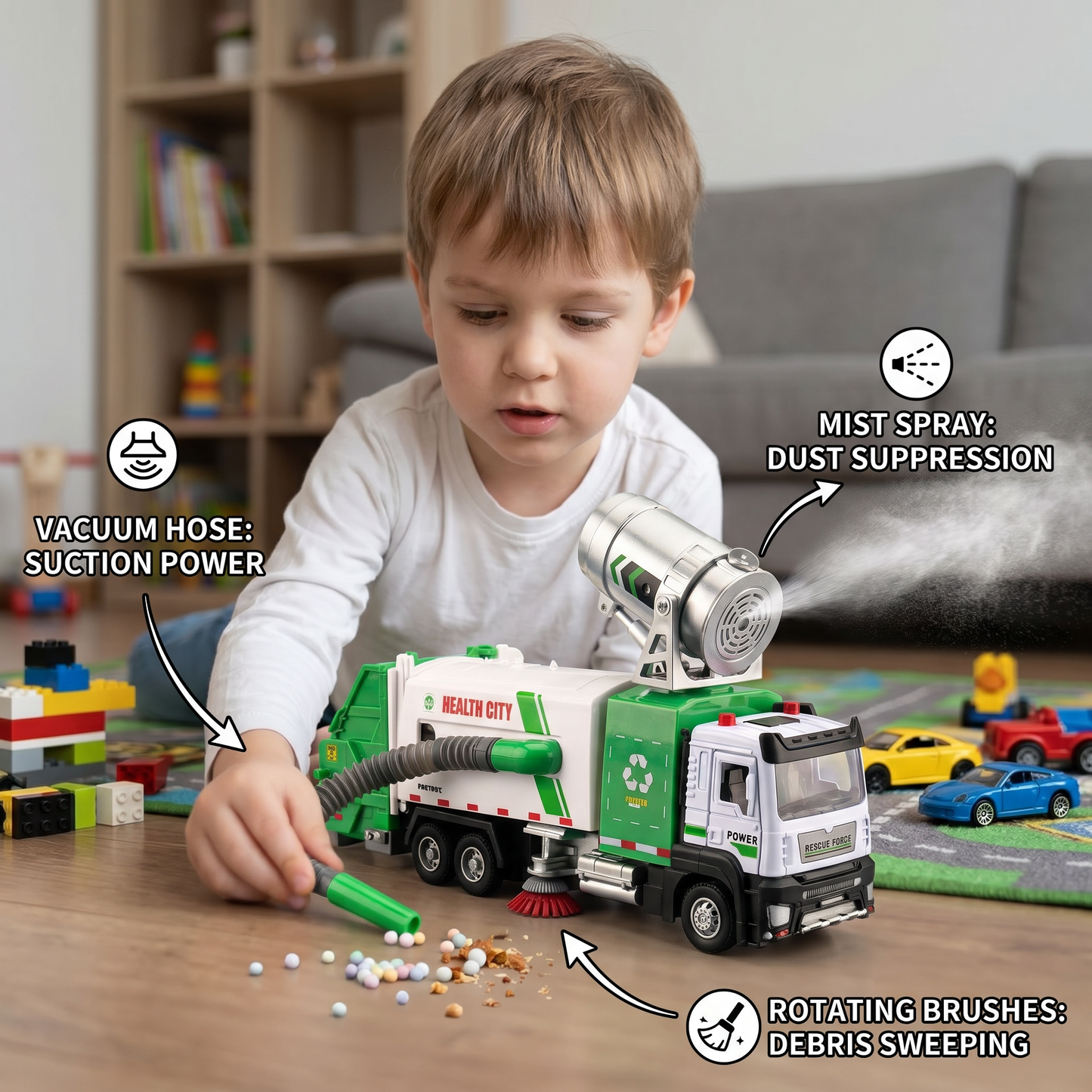 Die-Cast Street Sweeper Toy Truck with Vacuum Hose & Mist Spray