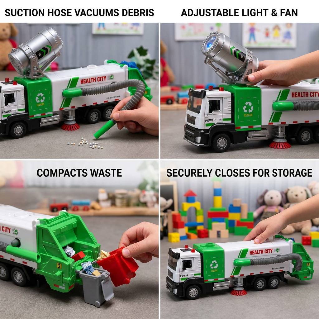 Die-Cast Street Sweeper Toy Truck with Vacuum Hose & Mist Spray