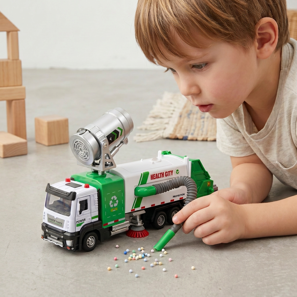 Die-Cast Street Sweeper Toy Truck with Vacuum Hose & Mist Spray
