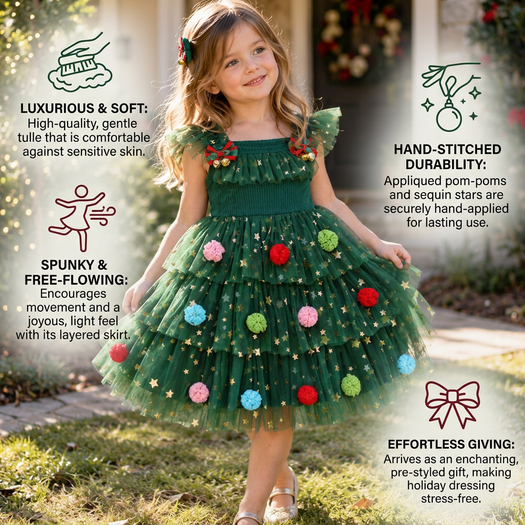 Girls’ Christmas Tutu Dress with Pom-Poms, Sequin Stars & Ruffled Sleeves