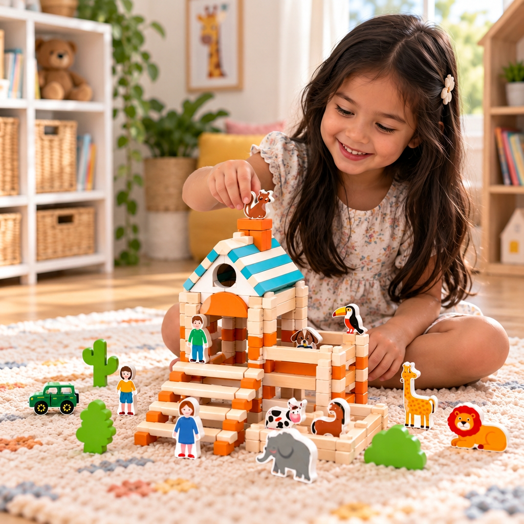 Montessori wooden building block set – natural stacking and construction toy