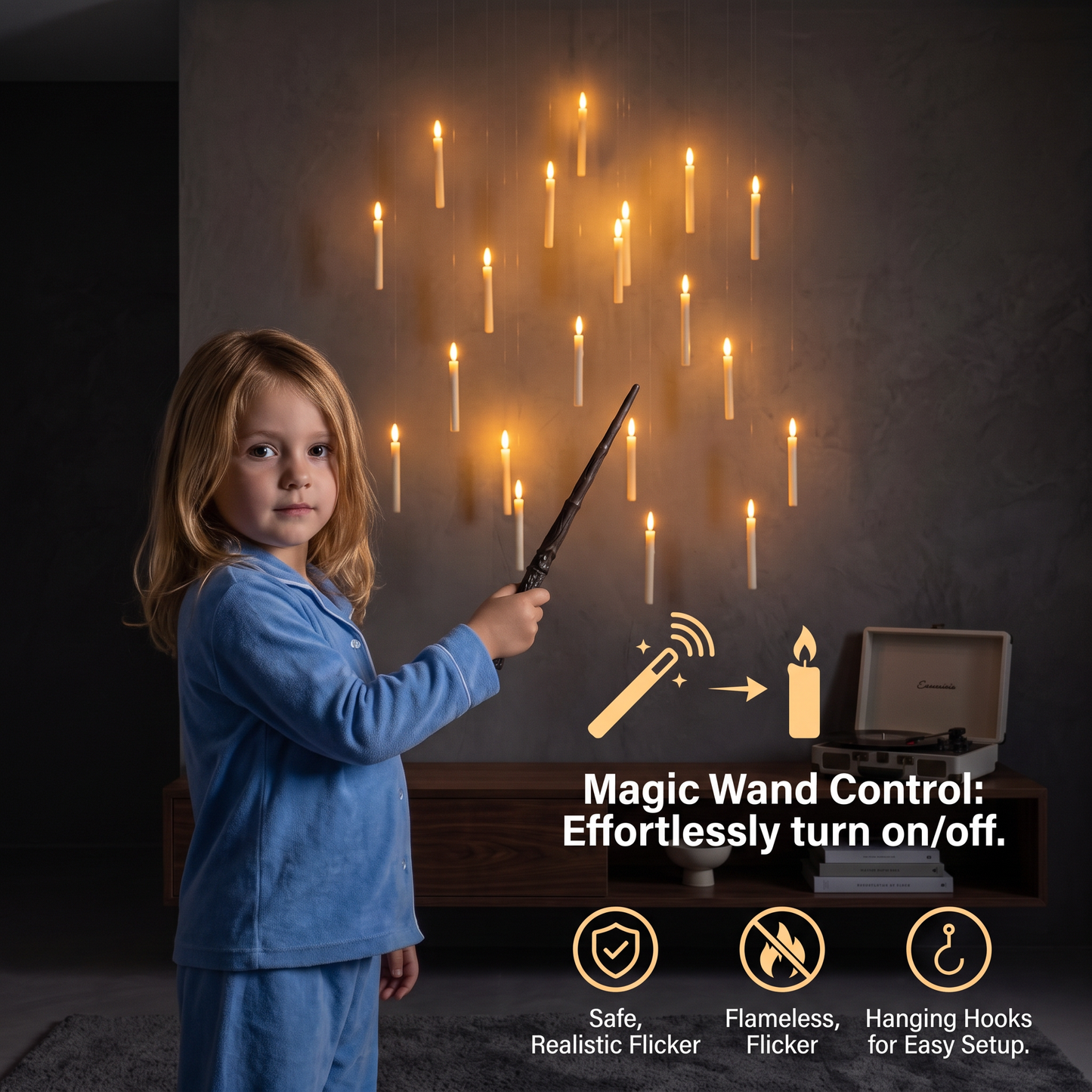 Magic Wand-Controlled Floating LED Candles with Hanging Hooks