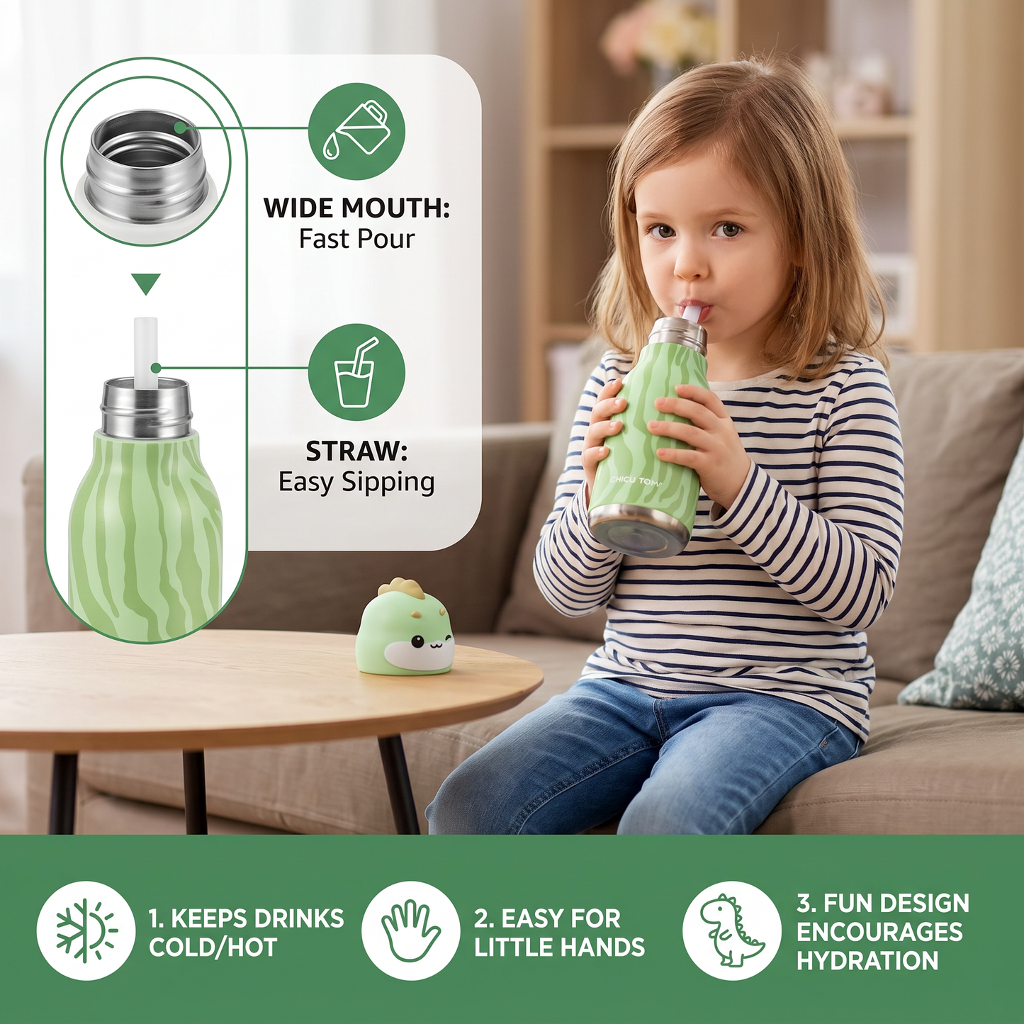 Cute Cartoon Animal Insulated Stainless Steel Straw Cup – 480ml