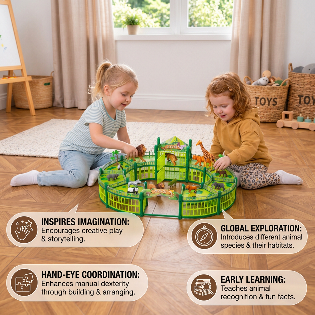 Modular Build-Your-Own Zoo Playset with Animal Figures & Interactive Cages