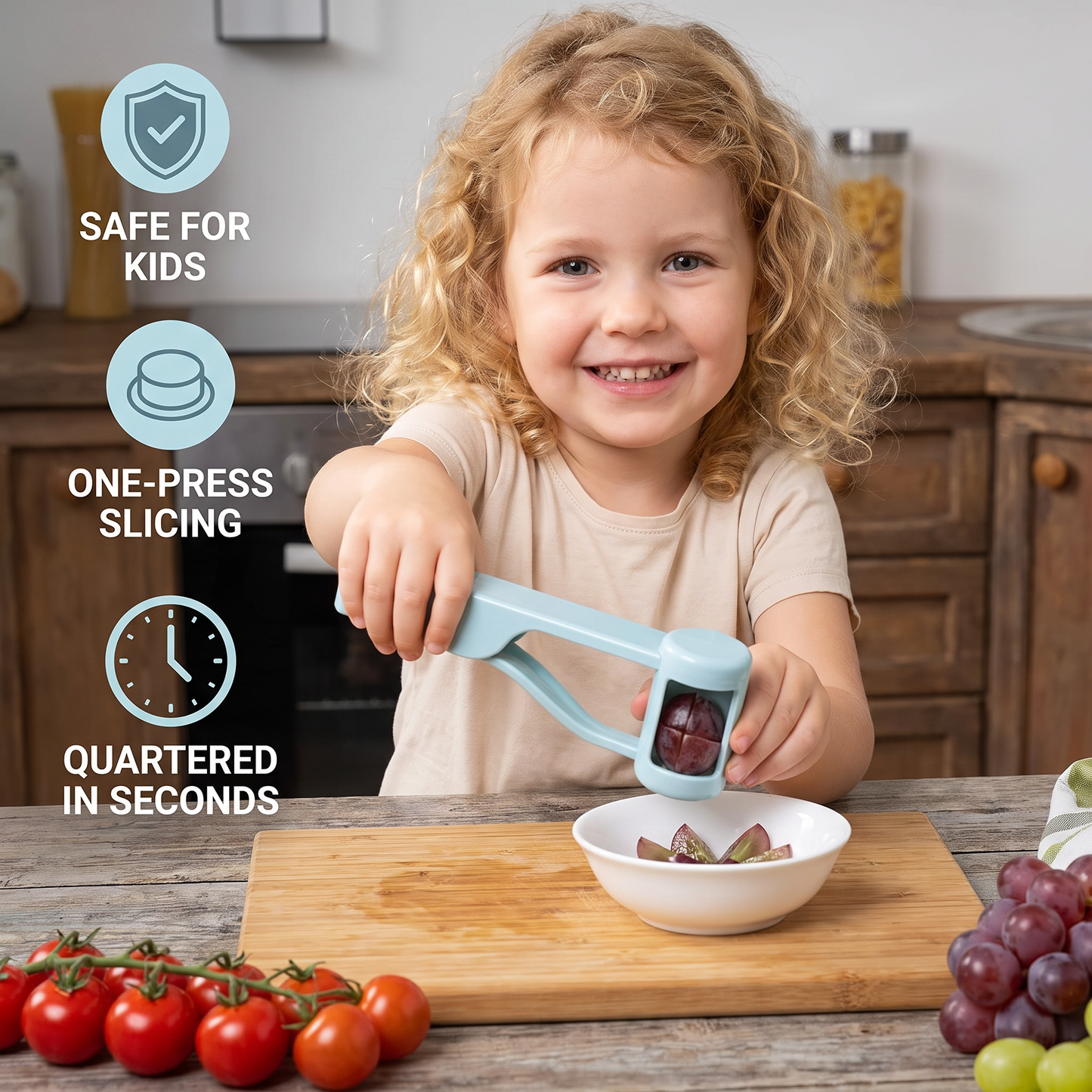 Stainless Steel Grape & Cherry Tomato Cutter – Safe One-Press Quarter Slicer for Toddlers & Kids