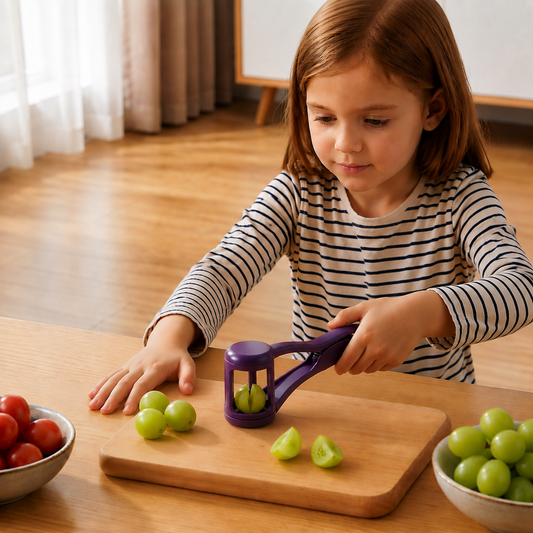 Stainless Steel Grape & Cherry Tomato Cutter – Safe One-Press Quarter Slicer for Toddlers & Kids