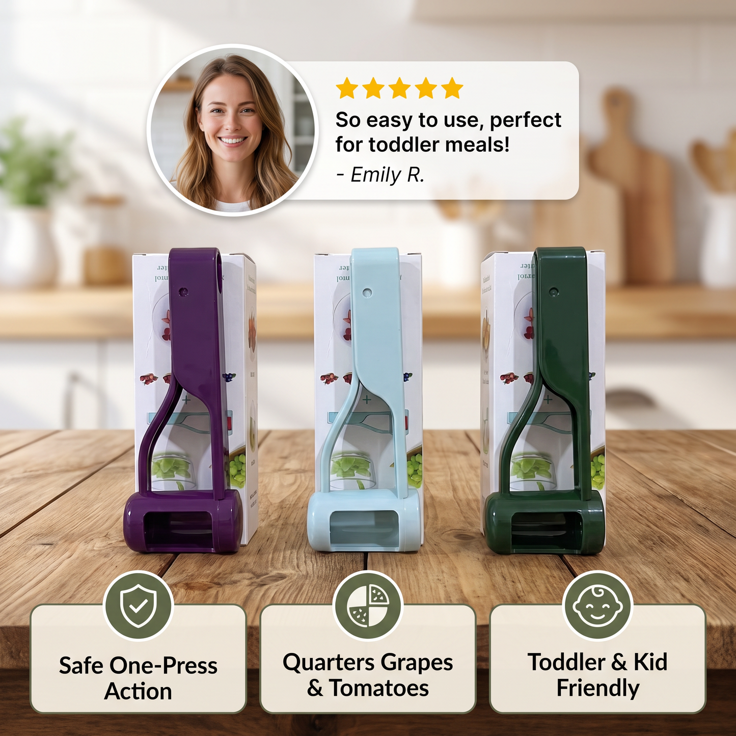 Stainless Steel Grape & Cherry Tomato Cutter – Safe One-Press Quarter Slicer for Toddlers & Kids