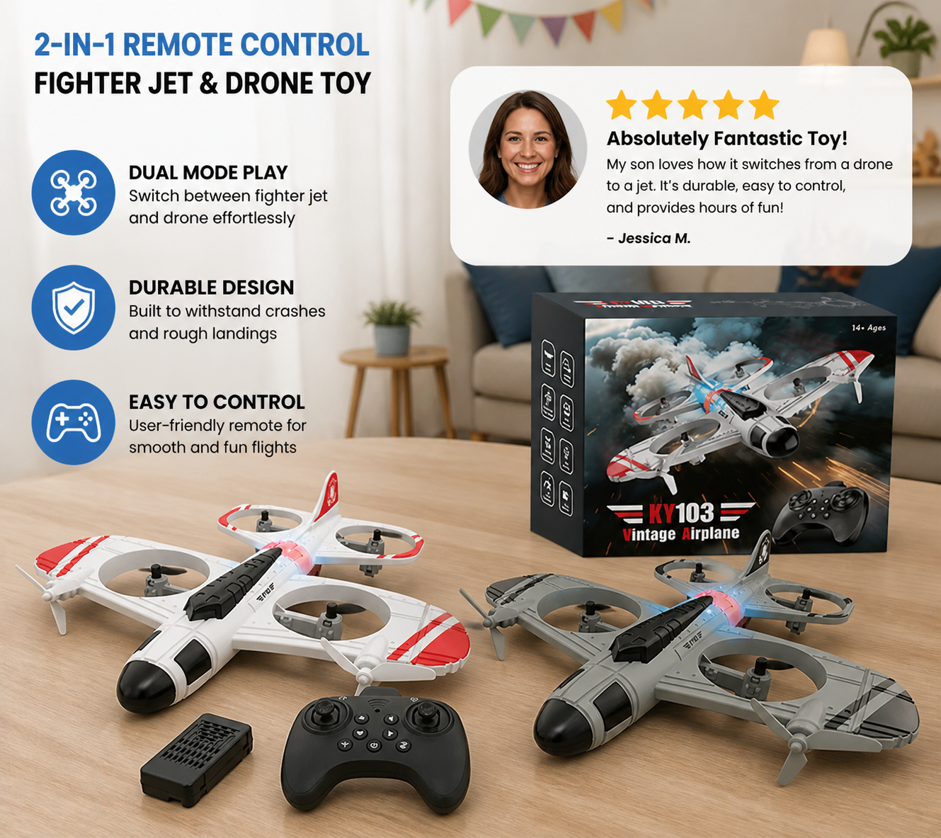 2-in-1 Remote Control Fighter Jet & Drone Toy