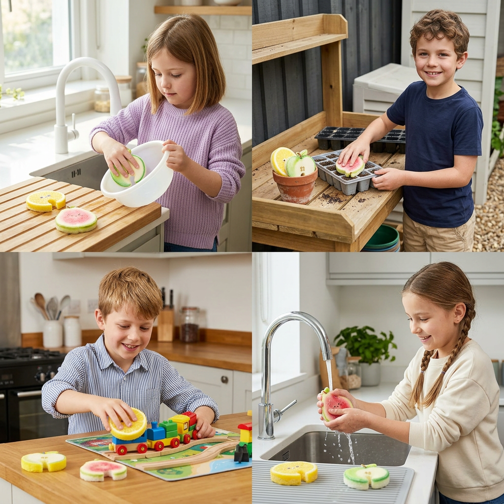 Fruit-Shaped Pop-Up Cellulose Sponges – 3-Pack of Plant-Based, Non-Scratch Kitchen Sponges