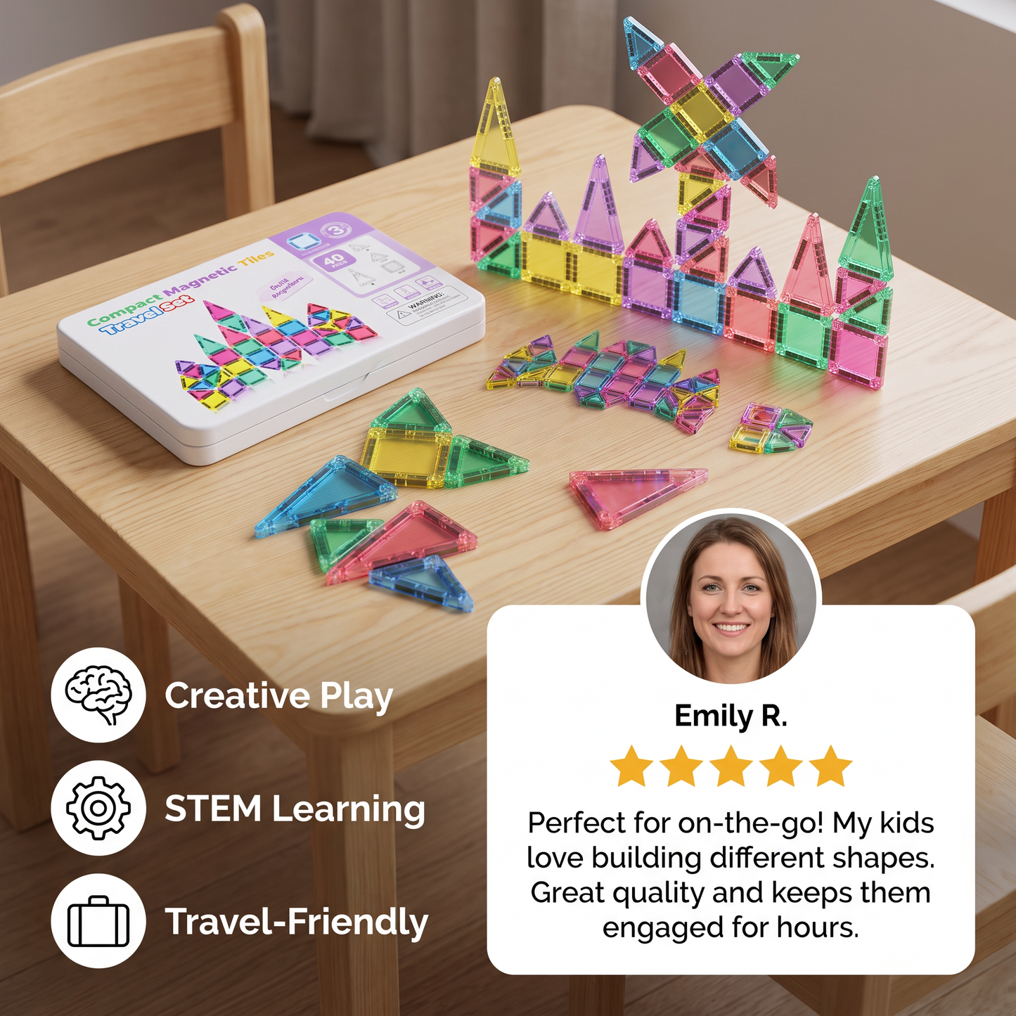 Compact Magnetic Tiles – 40-Piece Montessori Travel Set