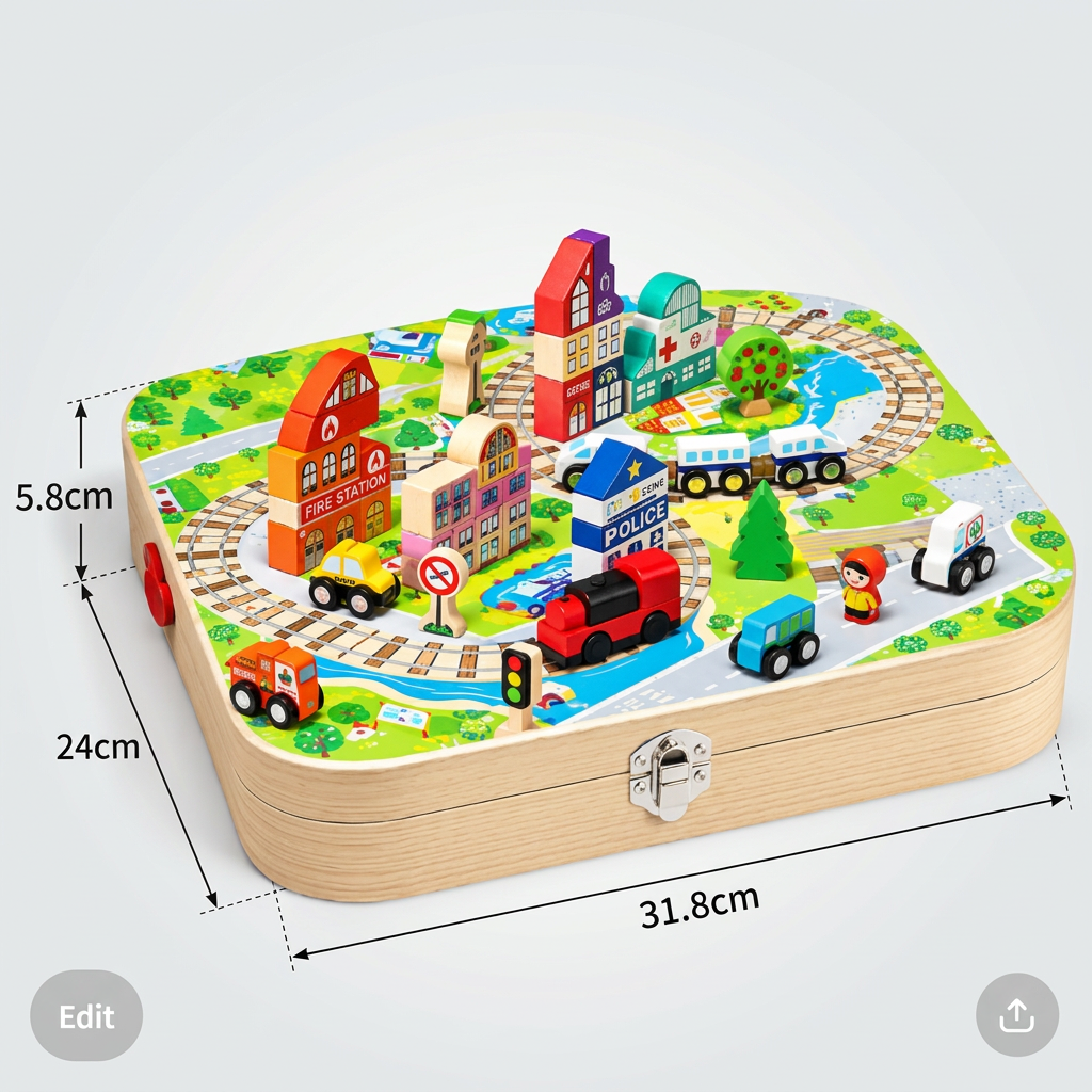 Wooden City Building Blocks & Train Track Travel Set