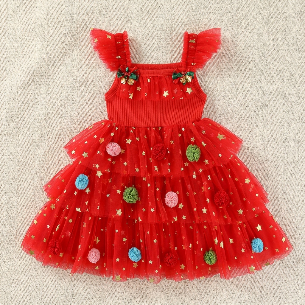 Girls’ Christmas Tutu Dress with Pom-Poms, Sequin Stars & Ruffled Sleeves