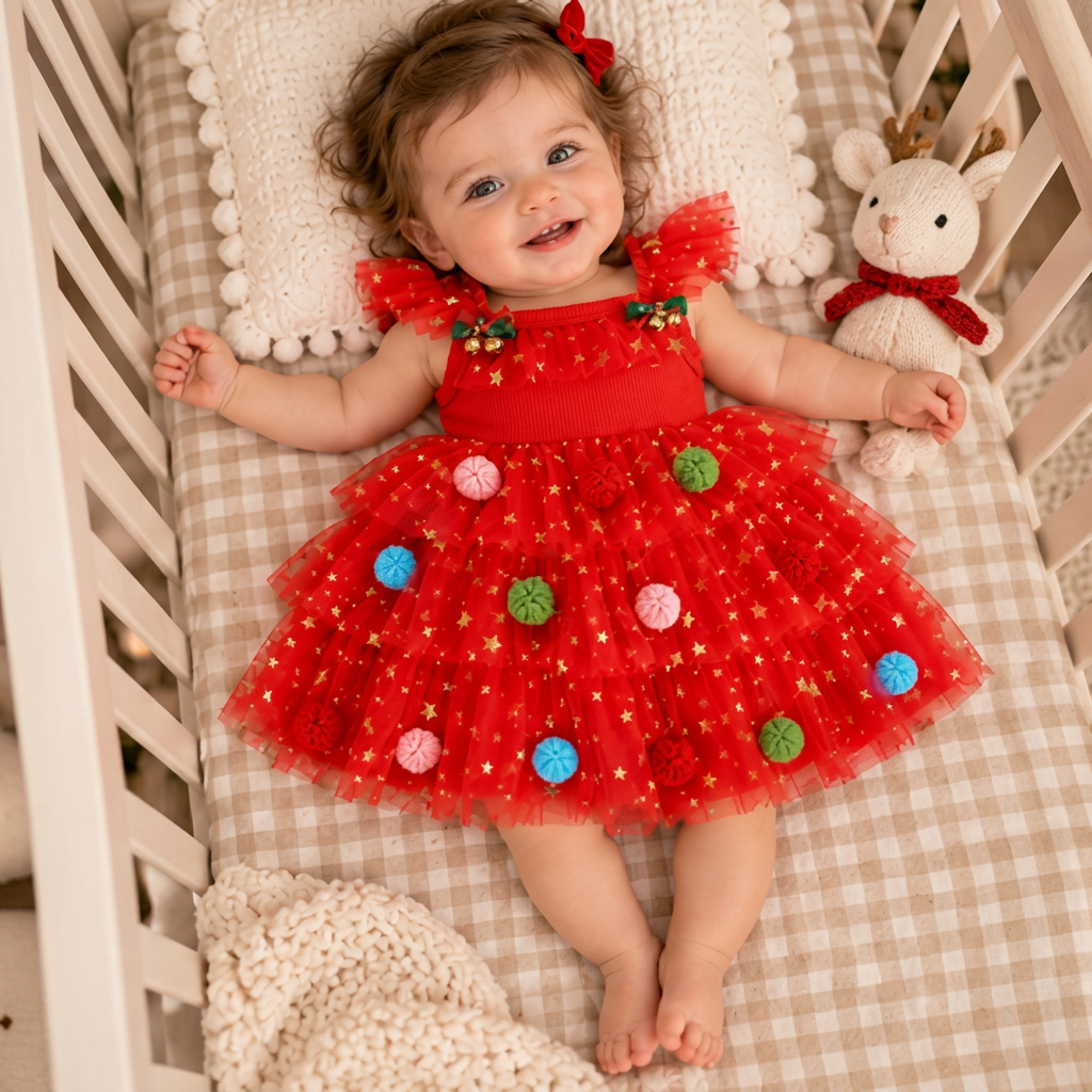Girls’ Christmas Tutu Dress with Pom-Poms, Sequin Stars & Ruffled Sleeves