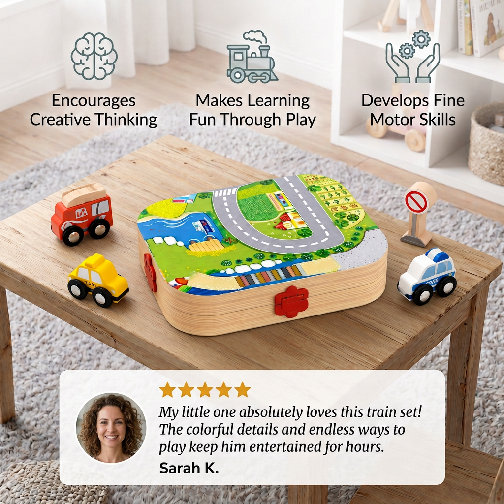Wooden City Building Blocks & Train Track Travel Set