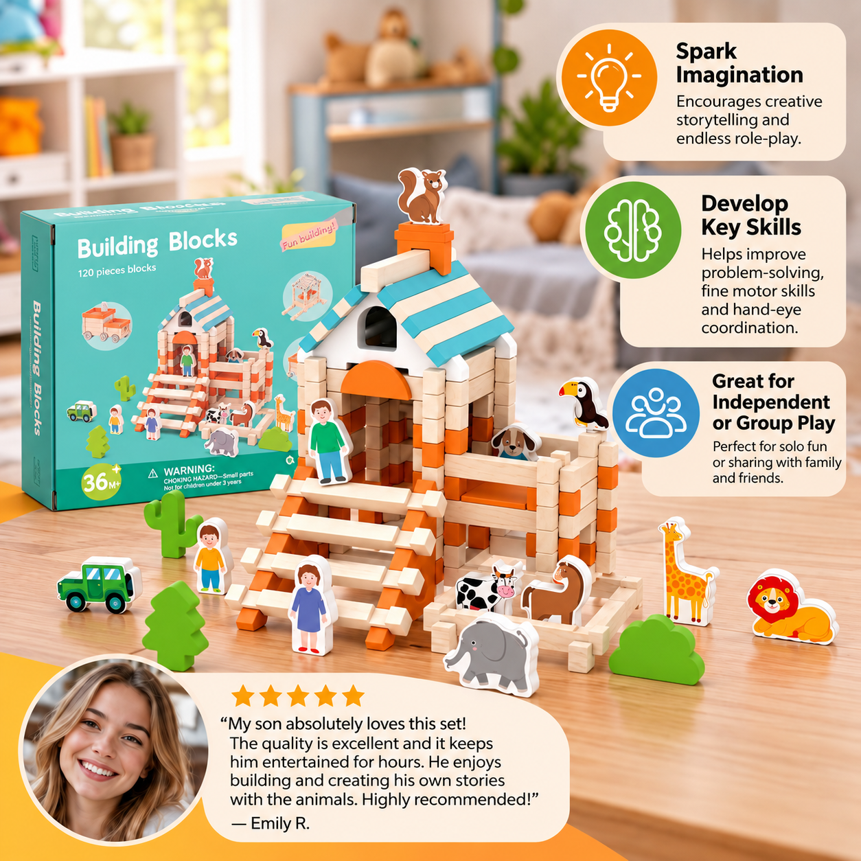 Montessori wooden building block set – natural stacking and construction toy