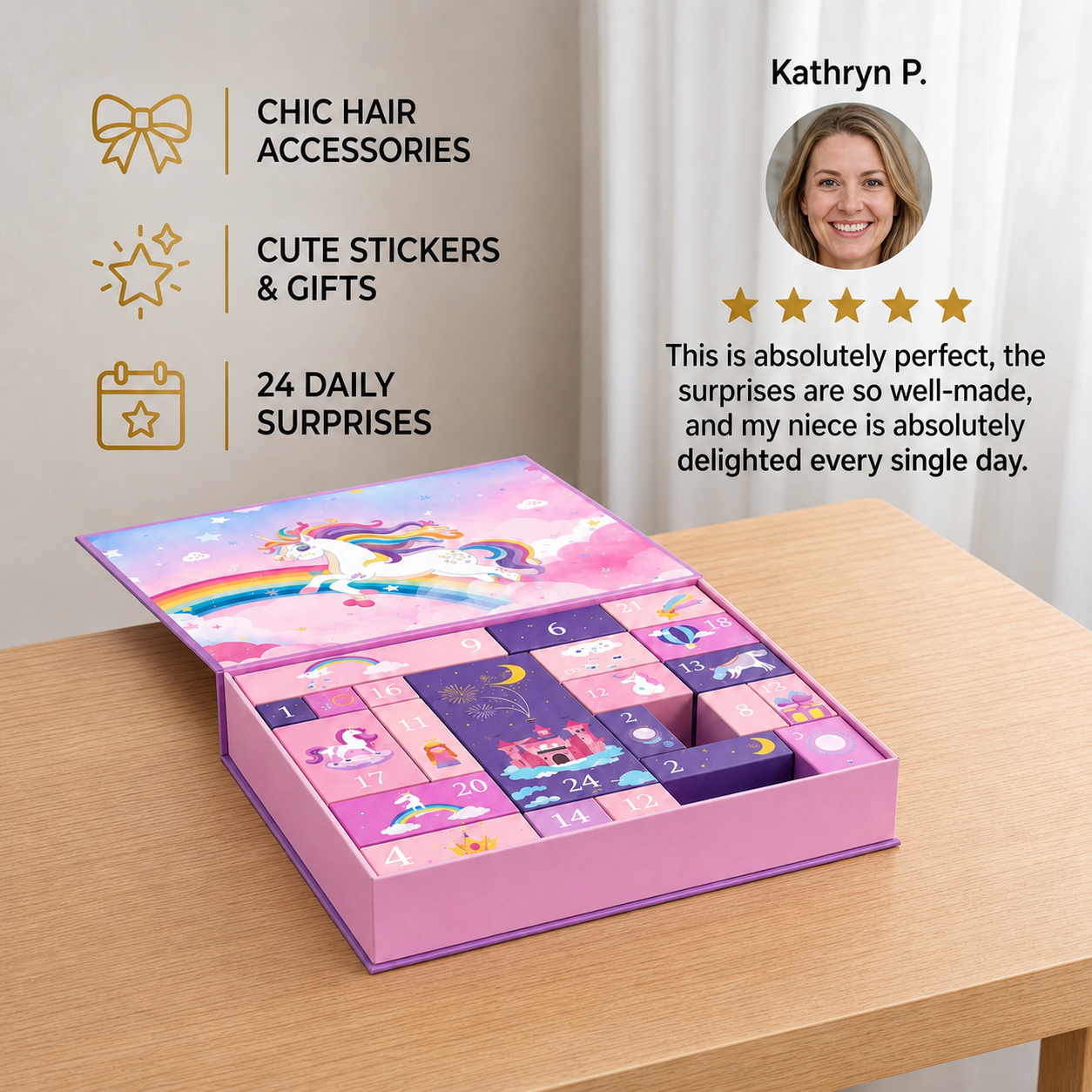 24-Day Unicorn Advent Calendar with Hair Accessories, Stickers & Surprise Gifts