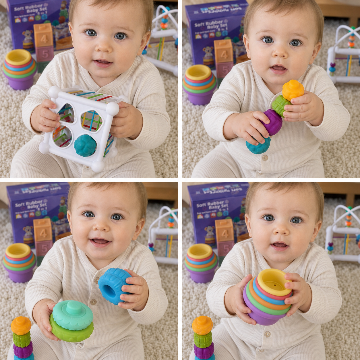 5-in-1 Montessori Soft Rubber Baby Sensory Play Set with Stacking & Sorting Toys – 26 Pieces