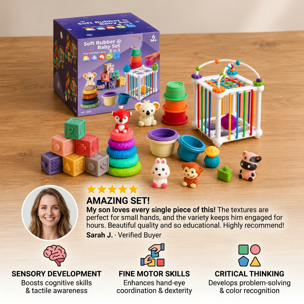 5-in-1 Montessori Soft Rubber Baby Sensory Play Set with Stacking & Sorting Toys – 26 Pieces