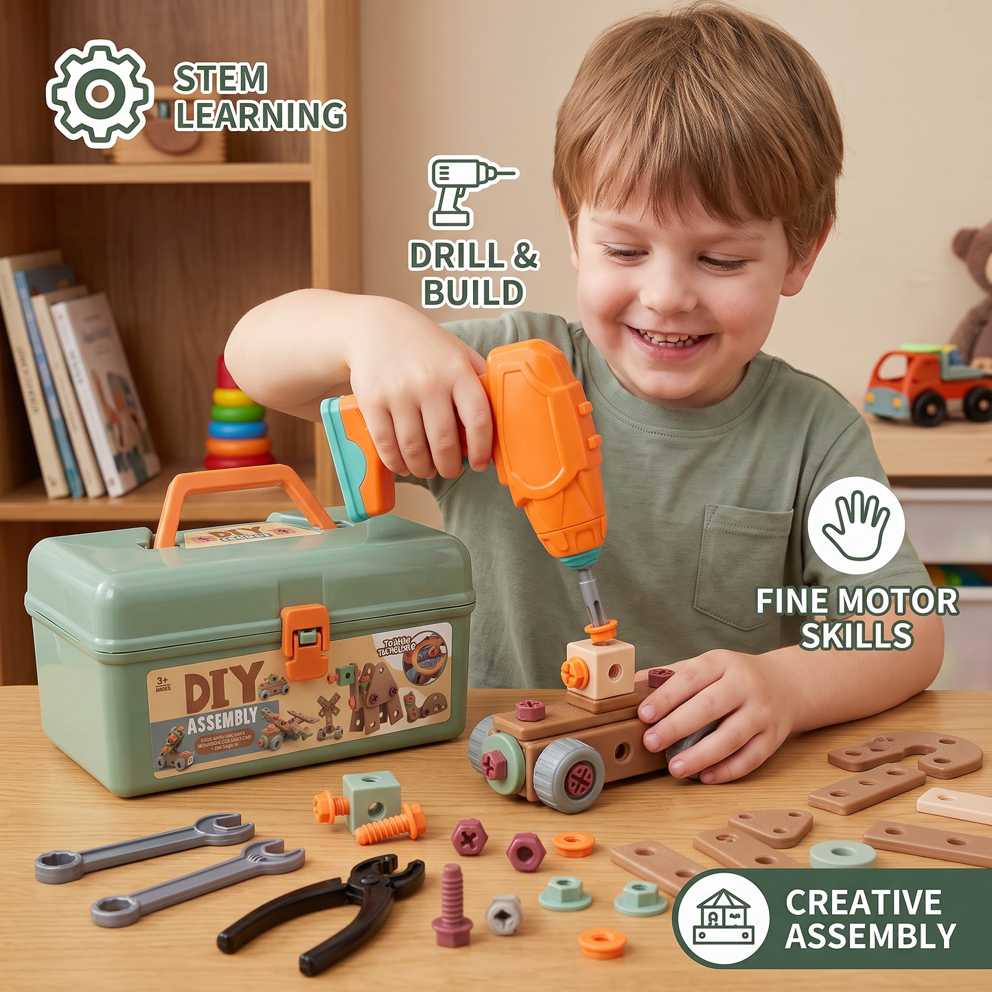 144-Piece Kids Tool Set with Drill & Toolbox – STEM Montessori Construction Kit