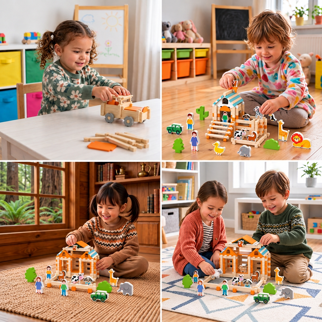 Montessori wooden building block set – natural stacking and construction toy